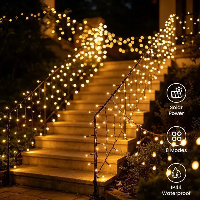 Alt view image 4 of 7 - 2 Pack Solar String Lights Outdoor with 8 Modes 100 LED 50 FT | Waterproof, Auto On/Off, Memory Function, Warm White Solar Powered Twinkle Fairy Lights for Backyard Summer Party Wedding