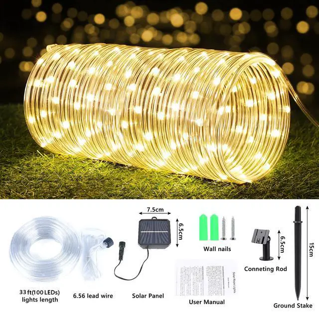Alt view image 4 of 7 - Solar Rope Lights, 33ft 100LED Solar String Lights, 8 Modes, Waterproof | Solar Outdoor Light, Flexible Clear Trampoline Light for Garden Backyard Patio Deck Porch, Pool Tree Decoration - Warm White