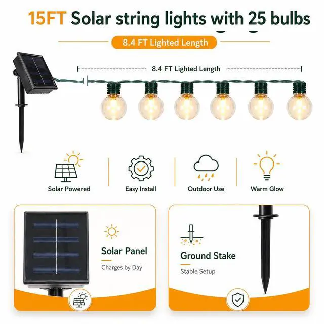 Alt view image 3 of 7 - Solar String Lights Outdoor Waterproof, 15FT Clear Patio Lights | 25 LED Shatterproof Bulbs, Auto On/Off, Solar Hanging Lights for Backyard Garden Party Christmas Decor