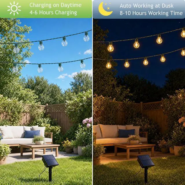 Alt view image 4 of 7 - Solar String Lights Outdoor Waterproof, 15FT Clear Patio Lights | 25 LED Shatterproof Bulbs, Auto On/Off, Solar Hanging Lights for Backyard Garden Party Christmas Decor