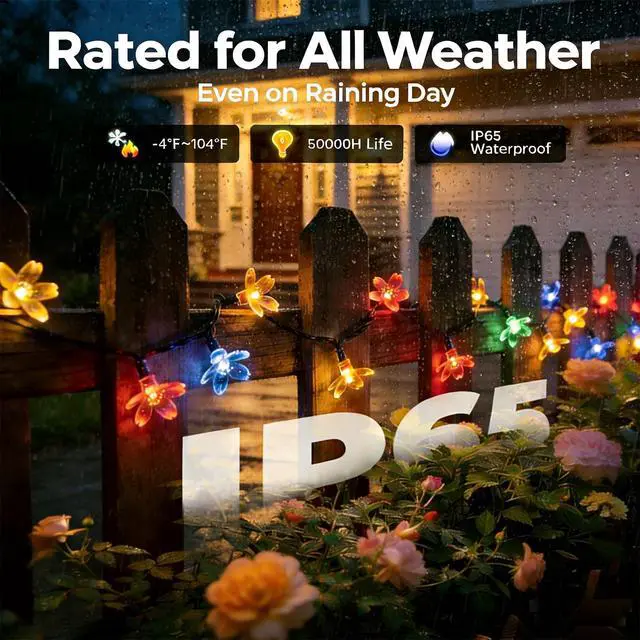 Alt view image 2 of 6 - Flower Solar String Lights, 50 LED Solar Lights 8 Modes | Waterproof Fairy Lights for Outdoor Patio Garden Fence Yard Christmas Tree Decor