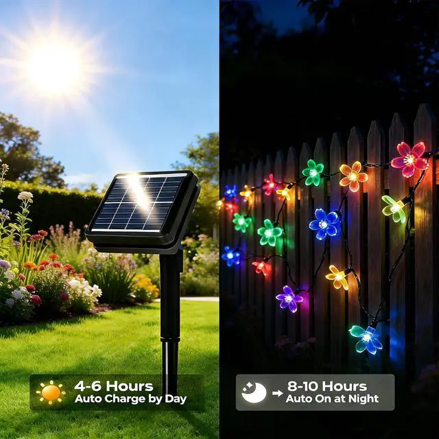 Alt view image 3 of 6 - Flower Solar String Lights, 50 LED Solar Lights 8 Modes | Waterproof Fairy Lights for Outdoor Patio Garden Fence Yard Christmas Tree Decor