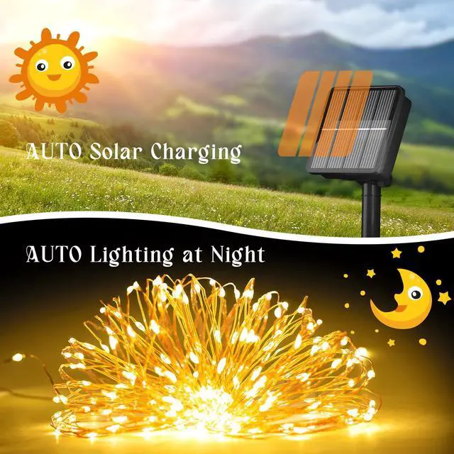 Alt view image 2 of 7 - 200 LED 72Ft Solar String Lights for Outside, Solar Fairy Lights for Outside Waterproof with 8 Modes, Solar Lights outdoor for Tree Garden Christmas Party Wedding Decor Warm White