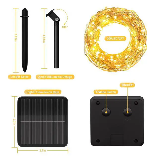 Alt view image 6 of 7 - 200 LED 72Ft Solar String Lights for Outside, Solar Fairy Lights for Outside Waterproof with 8 Modes, Solar Lights outdoor for Tree Garden Christmas Party Wedding Decor Warm White