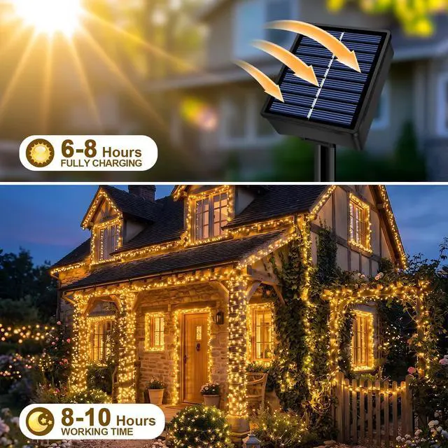 Alt view image 3 of 7 - Solar String Lights 2 Pack Total 66FT 200LED Solar Fairy Lights Outdoor Waterproof 8 Lighting Modes Twinkle Lights for Patio, Garden Yard Party Wedding Tree Christmas Halloween Decoration, Warm White
