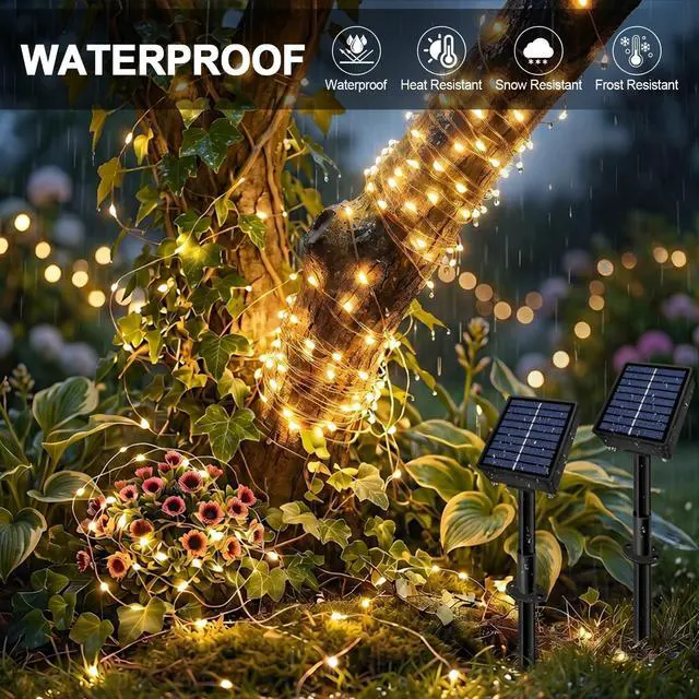 Alt view image 4 of 7 - Solar String Lights 2 Pack Total 66FT 200LED Solar Fairy Lights Outdoor Waterproof 8 Lighting Modes Twinkle Lights for Patio, Garden Yard Party Wedding Tree Christmas Halloween Decoration, Warm White