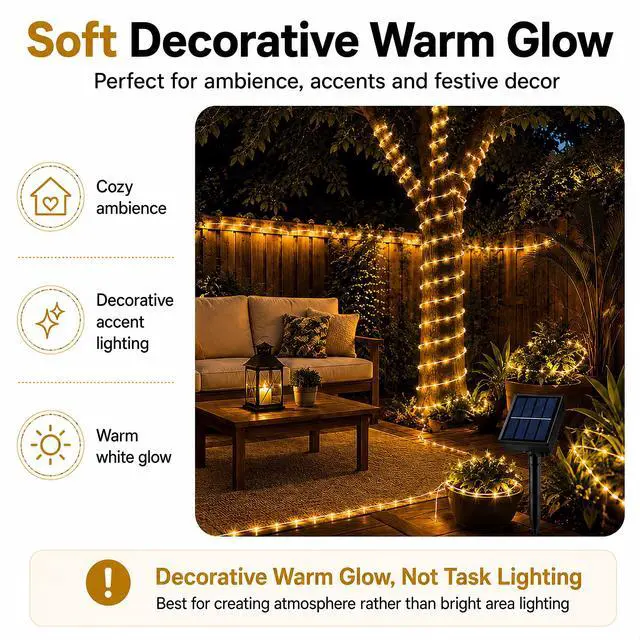 Alt view image 2 of 7 - 39FT Solar Rope Lights,IP65 100 LEDs Lights for Patio Garden | IP65 Waterproof, Auto On/Off, Warm White Glow,8 Lighting Modes Design for Trees,Yard,Outdoor,Christmas Decor