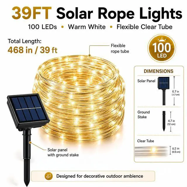 Alt view image 3 of 7 - 39FT Solar Rope Lights,IP65 100 LEDs Lights for Patio Garden | IP65 Waterproof, Auto On/Off, Warm White Glow,8 Lighting Modes Design for Trees,Yard,Outdoor,Christmas Decor