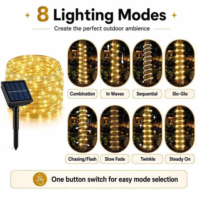 Alt view image 4 of 7 - 39FT Solar Rope Lights,IP65 100 LEDs Lights for Patio Garden | IP65 Waterproof, Auto On/Off, Warm White Glow,8 Lighting Modes Design for Trees,Yard,Outdoor,Christmas Decor