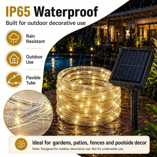 Alt view image 5 of 7 - 39FT Solar Rope Lights,IP65 100 LEDs Lights for Patio Garden | IP65 Waterproof, Auto On/Off, Warm White Glow,8 Lighting Modes Design for Trees,Yard,Outdoor,Christmas Decor