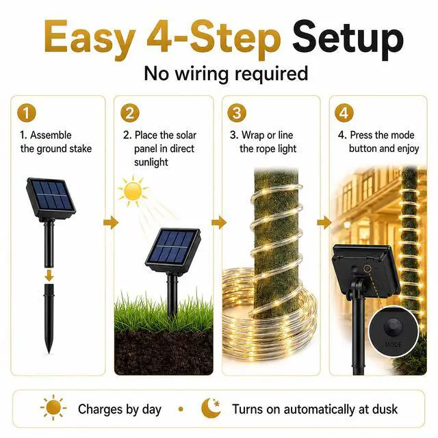 Alt view image 6 of 7 - 39FT Solar Rope Lights,IP65 100 LEDs Lights for Patio Garden | IP65 Waterproof, Auto On/Off, Warm White Glow,8 Lighting Modes Design for Trees,Yard,Outdoor,Christmas Decor