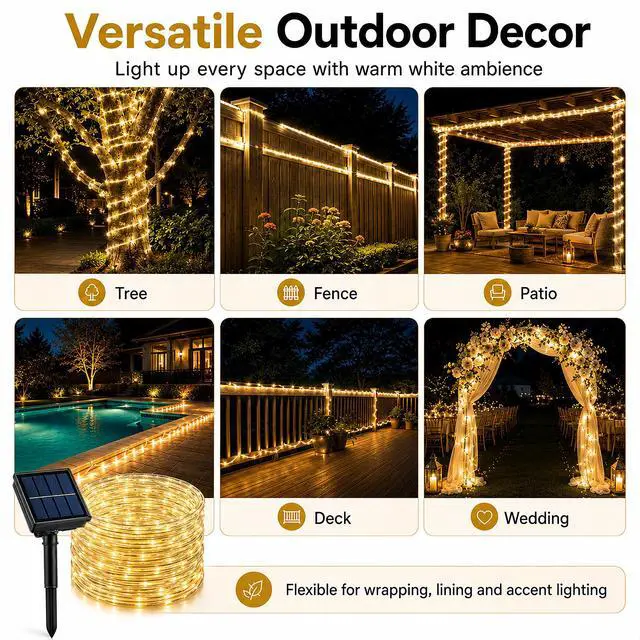 Alt view image 7 of 7 - 39FT Solar Rope Lights,IP65 100 LEDs Lights for Patio Garden | IP65 Waterproof, Auto On/Off, Warm White Glow,8 Lighting Modes Design for Trees,Yard,Outdoor,Christmas Decor