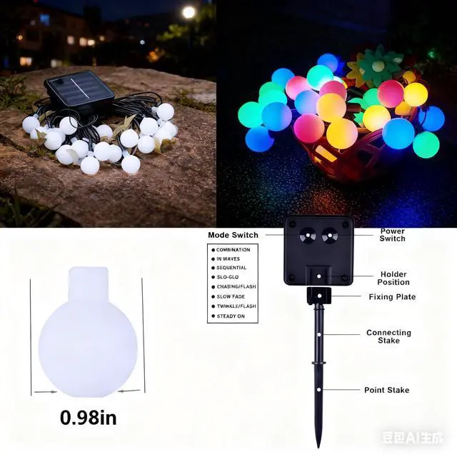 Alt view image 5 of 5 - Solar String Lights Outdoor Waterproof, 30 LED 9.8Ft Total, Solar Powered Globe Patio Lights with 8 Lighting Modes for Garden Yard Porch Wedding Party Decor (Multicolor)