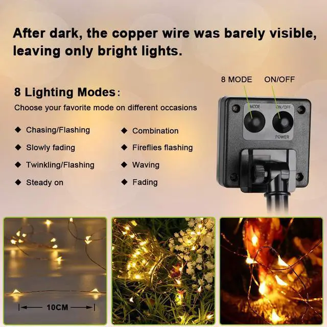 Alt view image 2 of 7 - Solar Fairy Lights Outdoor, 2 Pack 200 LED 66FT Solar String Lights | 8 Mode; Warm White; Waterproof; Twinkle Solar Powered Lights Outside Starry Mini Light String for Christmas Garden Party Tree