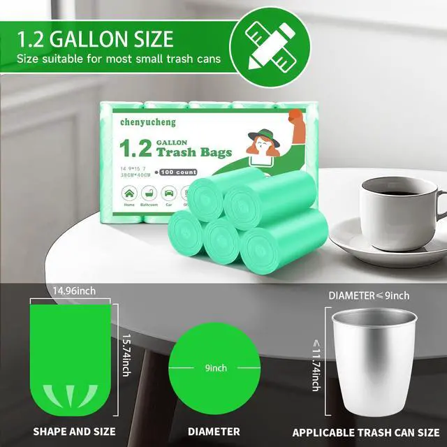 Alt view image 3 of 6 - 1.2 Gallon Mini Kitchen trash bags Biodegradable 100 Count | Green 5 liter small garbage bags Unscented, Fit 1-1.3 Gal waste basket Liners, bathroom Car Office Strong Thick