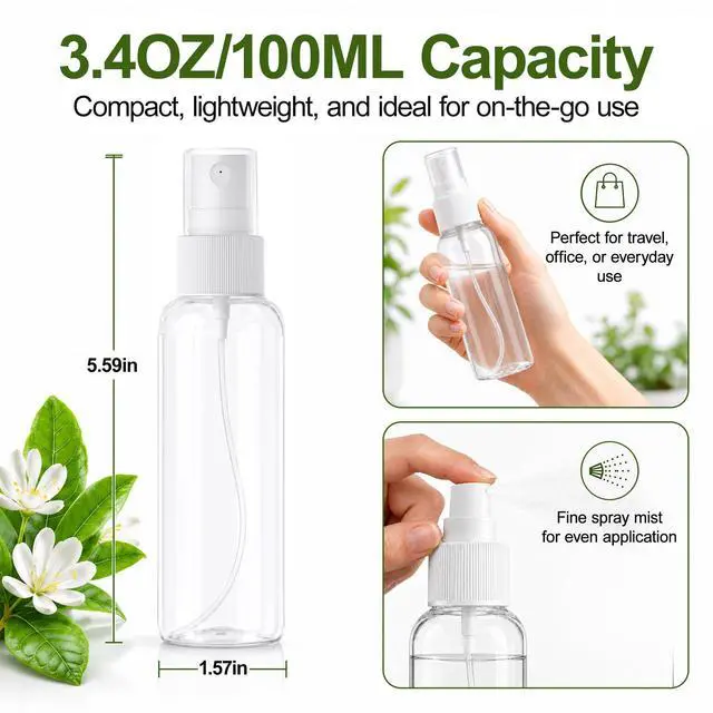 Alt view image 3 of 7 - 5-Pack Spray Bottles 3.4oz, Small Spray Bottle Empty Clear Plastic Bottle | Clear Plastic for Travel, for essential oils, perfume, cosmetics, cleaning, gardening, skin care, travel leak-proof