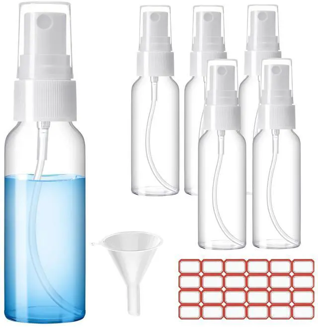 Main image of Spray Bottles, 1oz/30ml 6 Pack Clear Plastic Mini Travel Bottle Set | Empty Fine Mist Plastic Mini Travel Bottle Set, Small Refillable Liquid Containers with 2 Pcs Funnels and 24 Pcs Labels