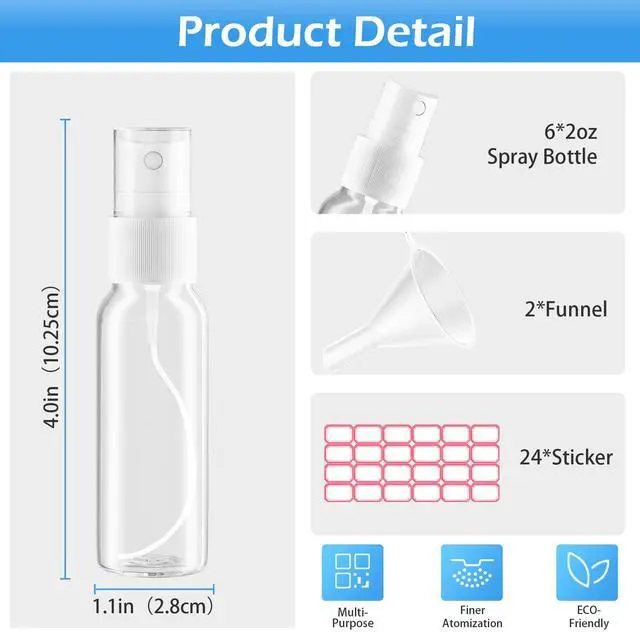 Alt view image 3 of 7 - Spray Bottles, 1oz/30ml 6 Pack Clear Plastic Mini Travel Bottle Set | Empty Fine Mist Plastic Mini Travel Bottle Set, Small Refillable Liquid Containers with 2 Pcs Funnels and 24 Pcs Labels