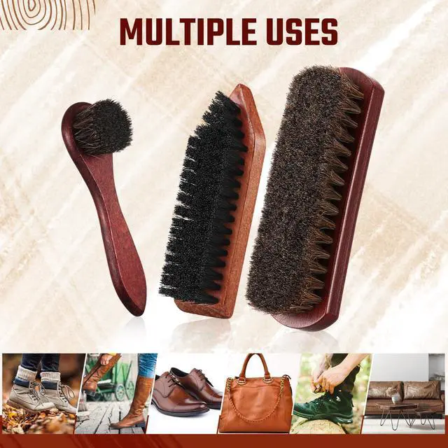 Alt view image 2 of 6 - 3 Pcs Horsehair Shoe Brush Wood Handle Boot Cleaner,Square Head | Natural Bristles for Leather Care, Polished Wood Handles, Dirt Scrubber for Boots Shoes, Men Women Home Accessories