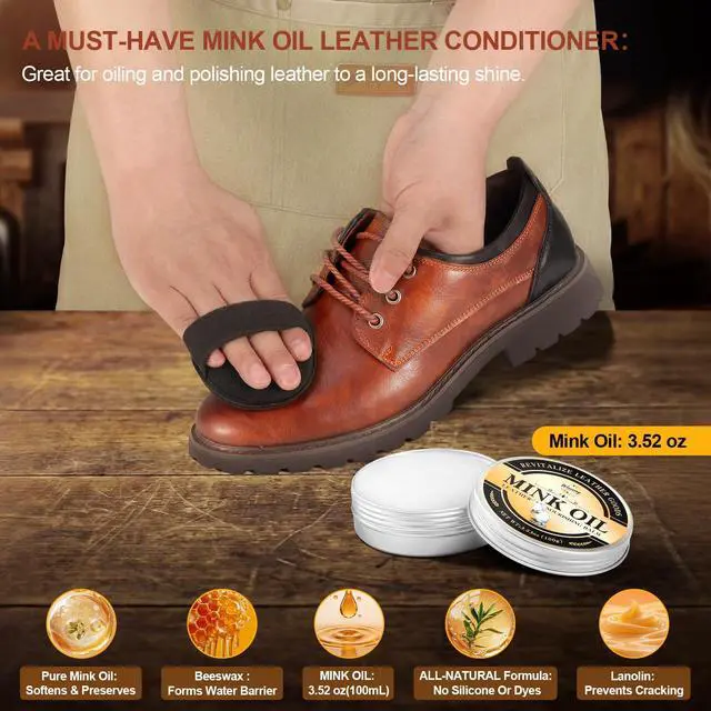 Alt view image 2 of 7 - 4 in 1 Mink Oil Kit, 3.52 oz Leather Conditioner and Cleaner for Shoes Boot | Restore for Jackets Saddles Bags, Premium Waterproof Formula Leather Care, Horsehair Brush, Sponge & Microfiber Cloth