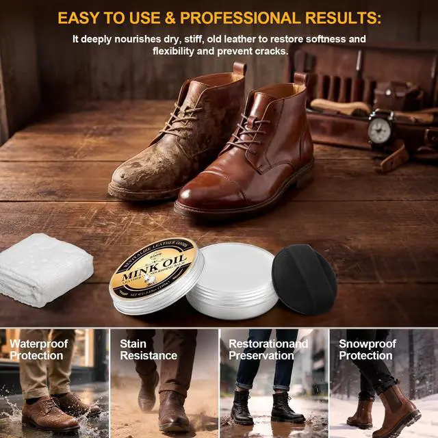 Alt view image 5 of 7 - 4 in 1 Mink Oil Kit, 3.52 oz Leather Conditioner and Cleaner for Shoes Boot | Restore for Jackets Saddles Bags, Premium Waterproof Formula Leather Care, Horsehair Brush, Sponge & Microfiber Cloth