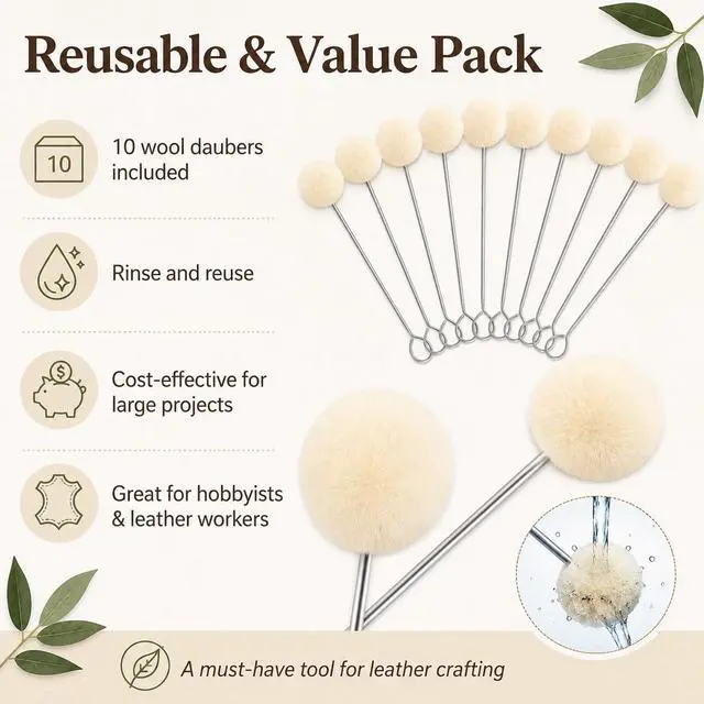 Alt view image 7 of 7 - 10 Pack Wool Daubers Ball Brush with Metal Handle Leather Dye Applicator Tool for Leather Crafting, Gluing, Staining, Shoe Polish & DIY Projects