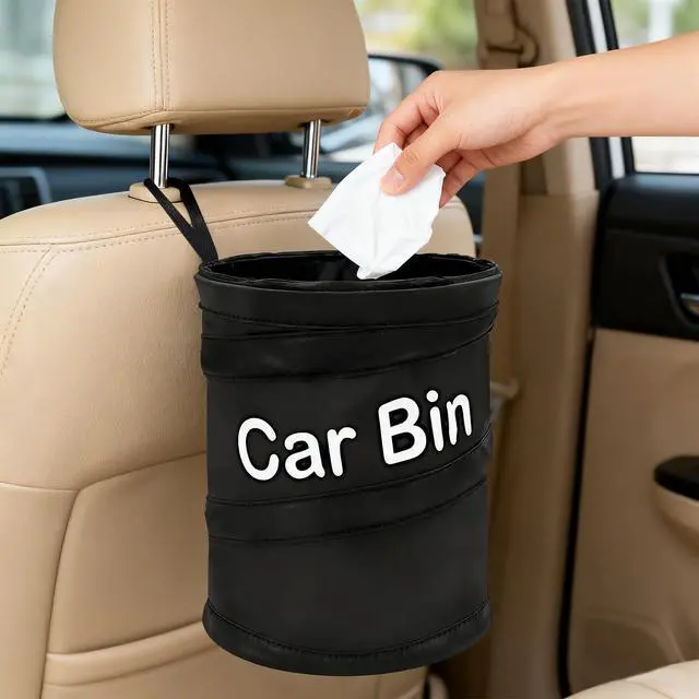 Alt view image 4 of 4 - Car Trash Can for Back Seat 1-Second Pop Up Foldable Leakproof 1 Gallon Car Garbage Bin with Hook and Loop Strap Waterproof Liner Car Garbage Bag Fits Cars, Home, Office