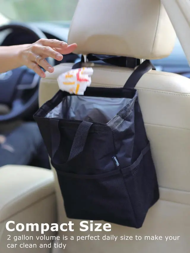 Alt view image 2 of 7 - New Leak-Proof Travel Trash Bag, Hanging Car Trash Can with Hook and Loop Lid and Handle, Multipurpose Trash Bin with Storage Pockets for Car SUV Truck RV Camping 2 Gallons, Black