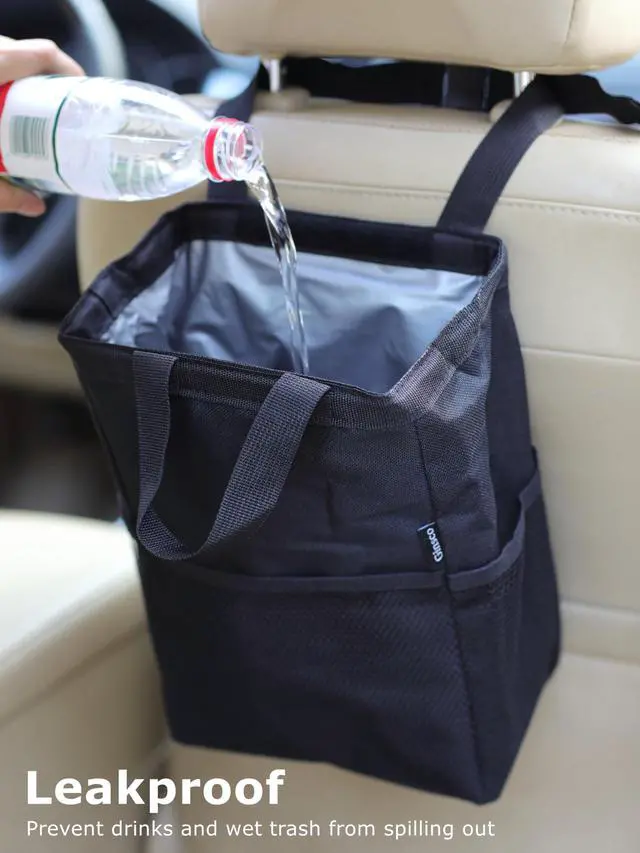 Alt view image 3 of 7 - New Leak-Proof Travel Trash Bag, Hanging Car Trash Can with Hook and Loop Lid and Handle, Multipurpose Trash Bin with Storage Pockets for Car SUV Truck RV Camping 2 Gallons, Black