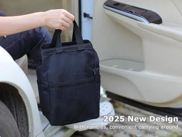 Alt view image 6 of 7 - New Leak-Proof Travel Trash Bag, Hanging Car Trash Can with Hook and Loop Lid and Handle, Multipurpose Trash Bin with Storage Pockets for Car SUV Truck RV Camping 2 Gallons, Black