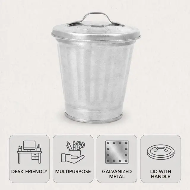 Alt view image 3 of 7 - Silver Mini Galvanized Trash Can with Lid, Mini Wastebasket Small Metal Buckets with Lids Mini Tabletop Metal Rubbish Bin Flower Pot Pen Holde Trash, Wastebaskets, 3.74"