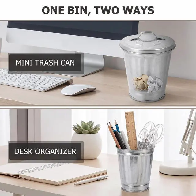 Alt view image 4 of 7 - Silver Mini Galvanized Trash Can with Lid, Mini Wastebasket Small Metal Buckets with Lids Mini Tabletop Metal Rubbish Bin Flower Pot Pen Holde Trash, Wastebaskets, 3.74"