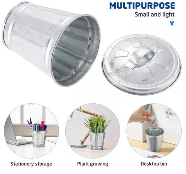 Alt view image 4 of 7 - 1Pcs Sliver Mini Galvanized Trash Can Desktop Metal Wastebasket Garbage Bin Waste Paper Basket Trash Can Pencil Holder Pen Cup Makeup Brush Holder with Lid for All