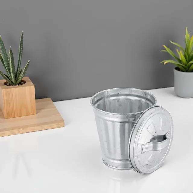 Alt view image 3 of 6 - Silver Mini Galvanized Trash Can with Lid (9.5X9X6.3CM), Metal Rubbish Bin, Flower Pot Pen Holder, Mini Wastebaskets Suit for Desk, Office, School, Dorm Room and Vanity