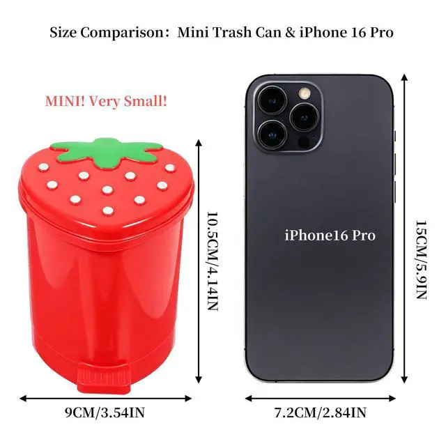 Alt view image 2 of 6 - Strawberry Trash Can with Lid 0.3 Gal Mini Cute Trash Can for Desk | Mini Red Strawberry Trashcan Cute Girls Room Trash Can, Tiny Strawberry Shaped Kawaii Trash Can for Bedroom Desk Office