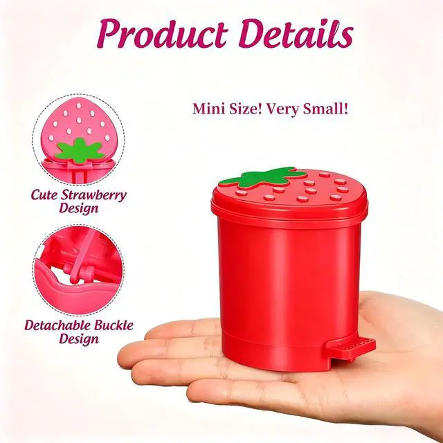Alt view image 3 of 6 - Strawberry Trash Can with Lid 0.3 Gal Mini Cute Trash Can for Desk | Mini Red Strawberry Trashcan Cute Girls Room Trash Can, Tiny Strawberry Shaped Kawaii Trash Can for Bedroom Desk Office