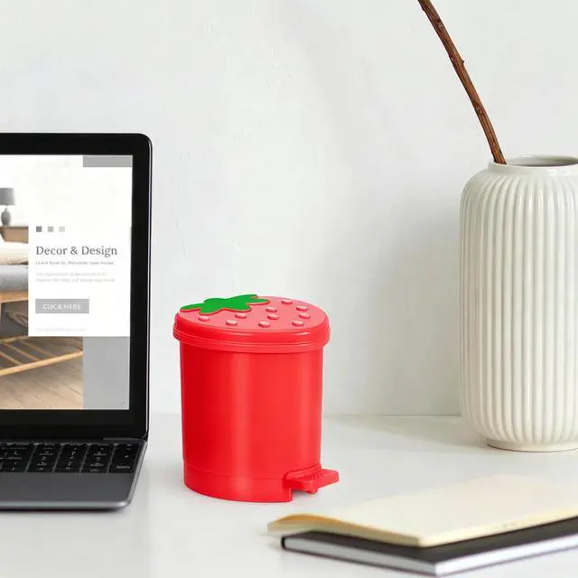 Alt view image 5 of 6 - Strawberry Trash Can with Lid 0.3 Gal Mini Cute Trash Can for Desk | Mini Red Strawberry Trashcan Cute Girls Room Trash Can, Tiny Strawberry Shaped Kawaii Trash Can for Bedroom Desk Office