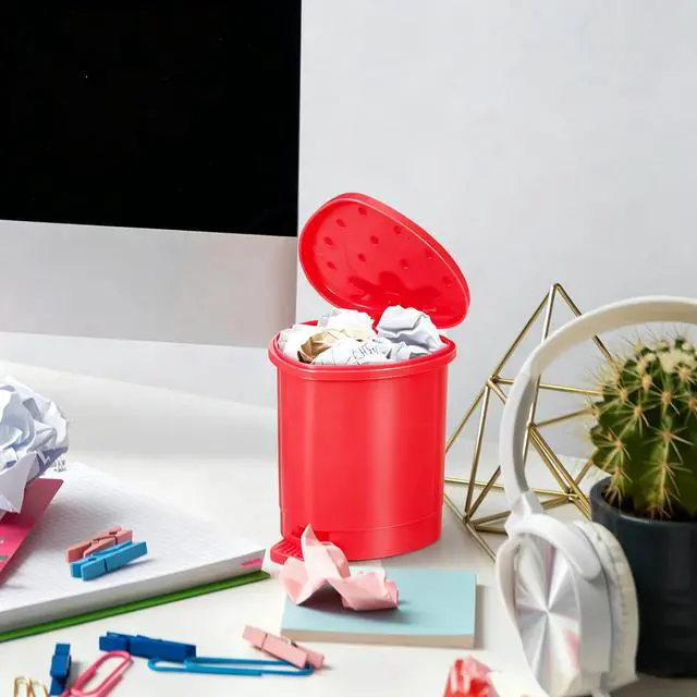 Alt view image 4 of 6 - Strawberry Trash Can with Lid 0.3 Gal Mini Cute Trash Can for Desk | Mini Red Strawberry Trashcan Cute Girls Room Trash Can, Tiny Strawberry Shaped Kawaii Trash Can for Bedroom Desk Office