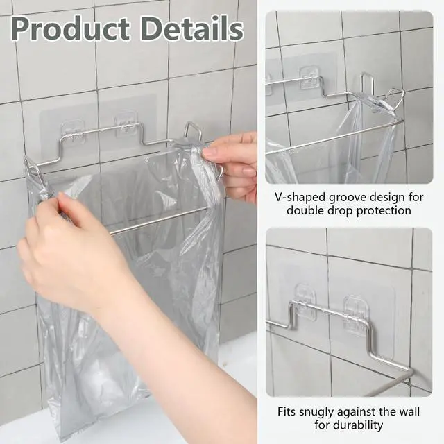 Alt view image 3 of 7 - Hanging Trash Can Under Sink Bag Hanger | Stainless Steel Portable Garbage Bins with Wall Sticker Base Kitchen Waste Bins, for Cupboards Kitchen Cabinet Door