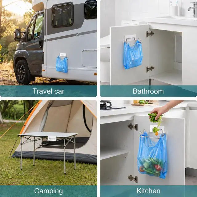 Alt view image 4 of 7 - Hanging Trash Can Under Sink Bag Hanger | Stainless Steel Portable Garbage Bins with Wall Sticker Base Kitchen Waste Bins, for Cupboards Kitchen Cabinet Door