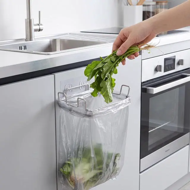 Alt view image 7 of 7 - Hanging Trash Can Under Sink Bag Hanger | Stainless Steel Portable Garbage Bins with Wall Sticker Base Kitchen Waste Bins, for Cupboards Kitchen Cabinet Door