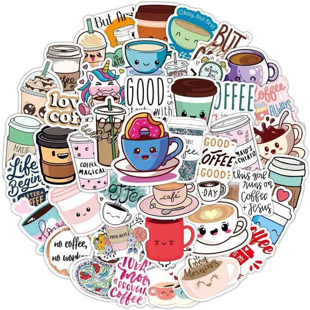 Main image of Cute Coffee Cup Stickers, 50PCS Funimost Vinyl Waterproof Stickers for Water Bottle Laptop, Scrapbook, Cups, Funny Coffee Accessorise Decals for Kids Teens Adults, Party Supplies