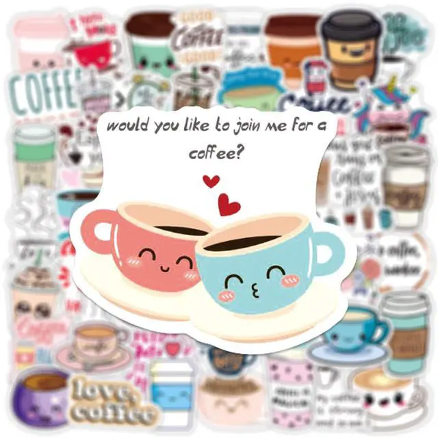 Alt view image 3 of 7 - Cute Coffee Cup Stickers, 50PCS Funimost Vinyl Waterproof Stickers for Water Bottle Laptop, Scrapbook, Cups, Funny Coffee Accessorise Decals for Kids Teens Adults, Party Supplies