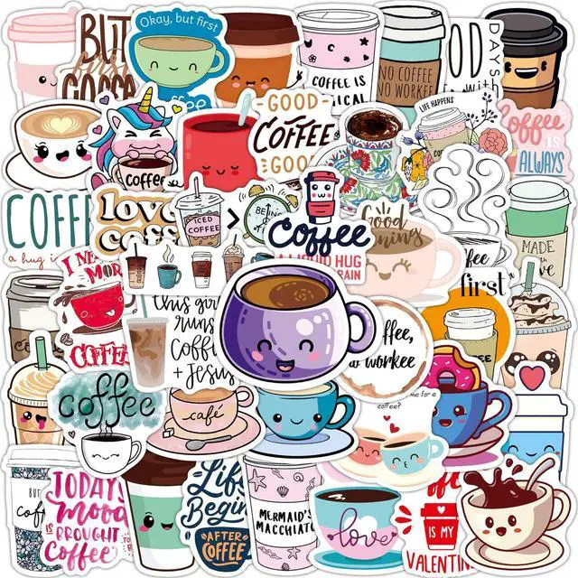 Alt view image 7 of 7 - Cute Coffee Cup Stickers, 50PCS Funimost Vinyl Waterproof Stickers for Water Bottle Laptop, Scrapbook, Cups, Funny Coffee Accessorise Decals for Kids Teens Adults, Party Supplies