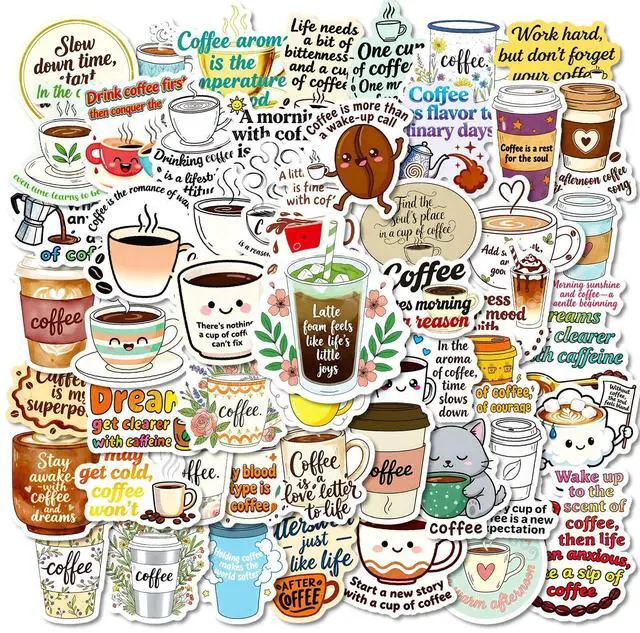 Main image of 50 Pcs Coffee Stickers, Vinyl Funny Quote Decals for Water Bottle, Laptop, Phone, Gift for Teens Adults Coffee Lovers
