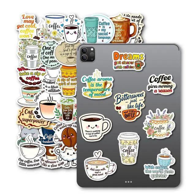 Alt view image 3 of 5 - 50 Pcs Coffee Stickers, Vinyl Funny Quote Decals for Water Bottle, Laptop, Phone, Gift for Teens Adults Coffee Lovers