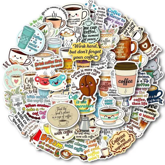 Alt view image 2 of 5 - 50 Pcs Coffee Stickers, Vinyl Funny Quote Decals for Water Bottle, Laptop, Phone, Gift for Teens Adults Coffee Lovers