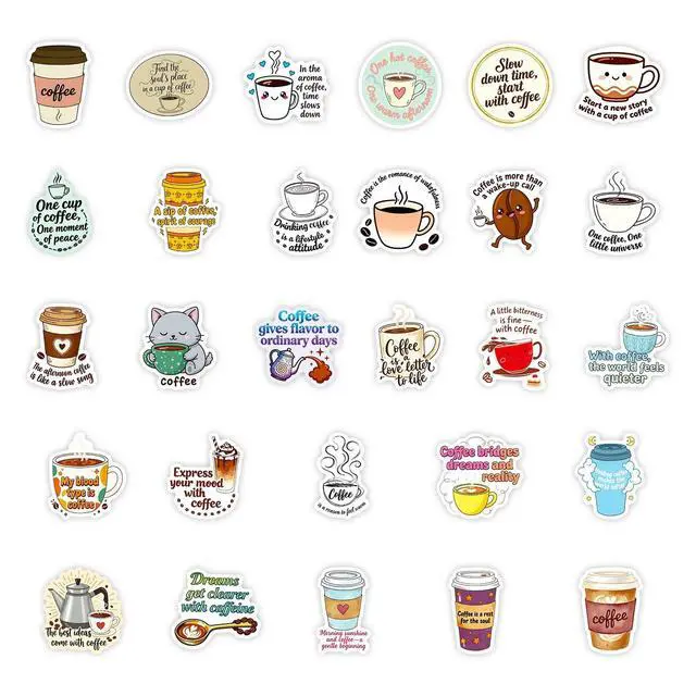 Alt view image 4 of 5 - 50 Pcs Coffee Stickers, Vinyl Funny Quote Decals for Water Bottle, Laptop, Phone, Gift for Teens Adults Coffee Lovers