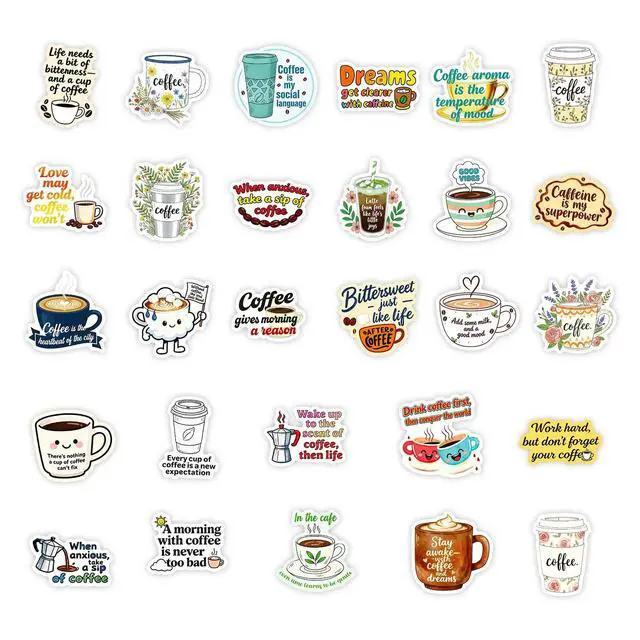 Alt view image 5 of 5 - 50 Pcs Coffee Stickers, Vinyl Funny Quote Decals for Water Bottle, Laptop, Phone, Gift for Teens Adults Coffee Lovers