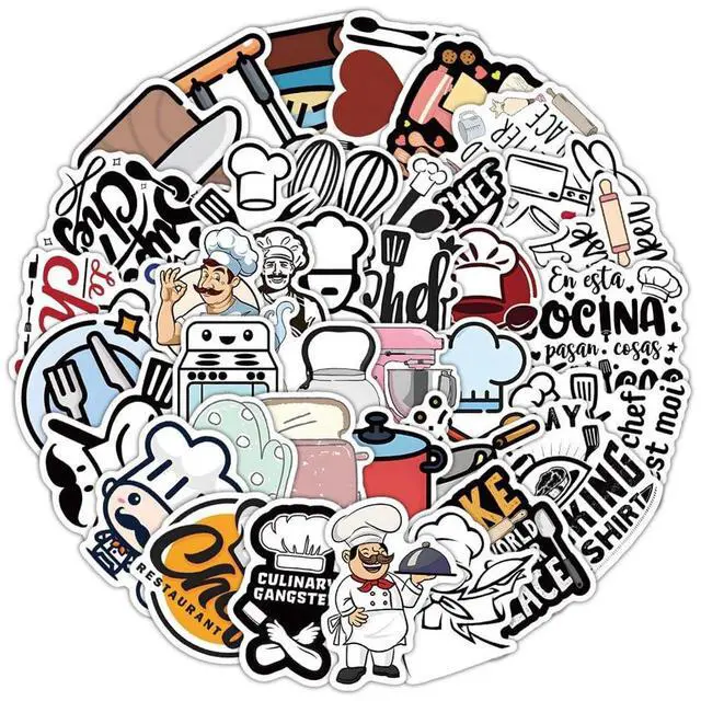 Main image of Chef Stickers |54Pcs Cook Cooker Waterproof Vinyl Decals | Peel and Stick waterproof sun-proof removable Reusable for Water Bottles Laptop Mobile Phone Skateboard Guitar Decoration